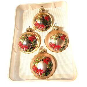 MerryBrite 4 Gold Glass Ornaments Poinsette Wreathes 2002 Vintage 3'' Box CVS